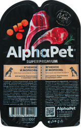 Корм влажный для щенков, беременных и кормящих собак ALPHAPET Superpemium Ягненок и морковь мясные кусочки в соусе, 100г, изображение