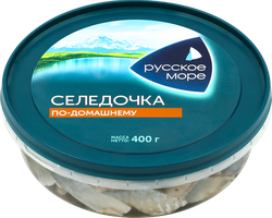 Сельдь Тихоокеанская слабосоленая РУССКОЕ МОРЕ Селедочка По-домашнему, филе-кусочки в масле, 400г, фото