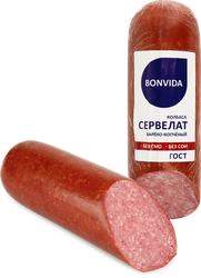 Колбаса варено-копченая BONVIDA Сервелат ГОСТ, 500г, крупный план