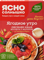 Каша овсяная ЯСНО СОЛНЫШКО Ассорти, молочная с клубникой, с малиной и с  черникой, 240г, крупный план
