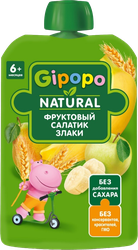 Пюре фруктово-злаковое GIPOPO Фруктовый салатик и злаки, яблоко, груша, банан и злаки, с 6 месяцев, 90г, картинка