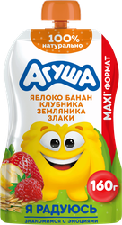 Пюре фруктово-злаковое детское АГУША Яблоко, банан, клубника и земляника со злаками, с 12 месяцев, 160г, крупный план