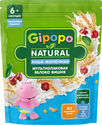 Каша мультизлаковая GIPOPO Natural молочная, с яблоком и вишней, с 6 месяцев, 170г, картинка
