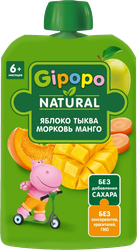 Пюре фруктово-овощное GIPOPO Яблоко, тыква, морковь и манго, с 6 месяцев, 90г, крупный план