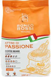 Кофе зерновой ROMEO ROSSI Attimi Di Passione натуральный жареный с кофеином, 250г, фотография