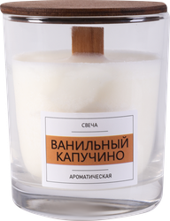 Свеча ароматическая HOMECLUB Ванильный капучино, в стакане с крышкой, деревянный фитиль, картинка
