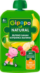 Пюре фруктово-ягодное GIPOPO Яблоко, банан, малина и клубника, с 6 месяцев, 90г, крупный план