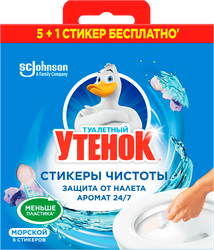 Средство для очистки унитаза ТУАЛЕТНЫЙ УТЕНОК Стикер чистоты Морской 5+1, 6шт, фотография