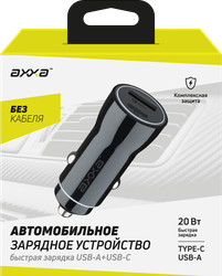 Зарядное устройство для автомобиля AXXA USB A+USB-C, PD QC 3.0 20W, черное, Арт. 2235, фотография
