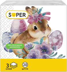 Салфетки бумажные SUPER Зайки 3-слоя, 33см, 20шт, крупный план