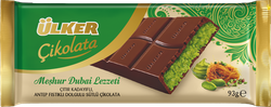 Шоколад молочный ULKER Dubai Chocolate с фисташковой начинкой и кадаифом, 93г, крупный план