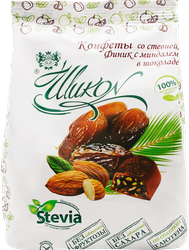 Конфеты ШИКОН Финик с миндалем в шоколаде, без сахара, 150г, крупный план