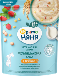 Каша мультизлаковая ФРУТОНЯНЯ молочная, с земляничным печеньем, кукурузными сердечками и кусочками земляники, с 12 месяцев, 200г, крупный план