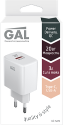 Сетевое зарядное устройство GAL PD 20Вт + QC3.0, Арт. UC-5229/3119, крупный план