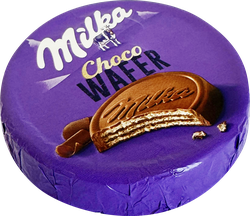 Вафли MILKA с какао начинкой, покрытое молочным шоколадом, 30г, крупный план