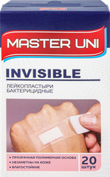 Пластырь MASTER UNI Invisible бактерицидный, прозрачный 7,2х1,9см, 20шт, крупный план