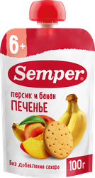 Пюре фруктовое SEMPER Персик и банан с печеньем, с 6 месяцев, 100г, крупный план