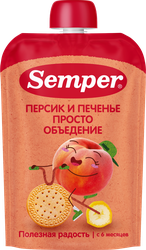 Пюре фруктово-злаковое SEMPER Персик и банан с печеньем, с 6 месяцев,  100г, крупный план