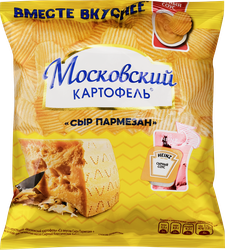 Чипсы картофельные МОСКОВСКИЙ КАРТОФЕЛЬ Рифленые, со вкусом сыра Пармезан и сырным соусом Heinz, 84,4г, фото