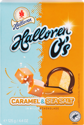 Конфеты шоколадные HALLOREN Caramel & Sea Salt, со вкусом соленой карамели, 125г, крупный план