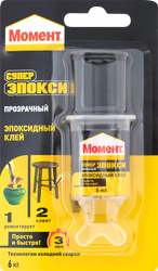 Клей МОМЕНТ Супер эпокси, прозрачный, шприц, 6мл, крупный план