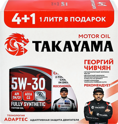 Масло моторное TAKAYAMA Adaptec 5W–30 C3 SN/CF Акция, 4л+1л, крупный план