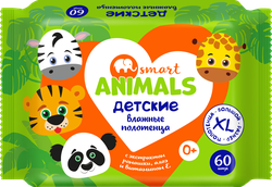 Полотенца влажные детские SMART Animals с ромашкой, алоэ и витамином Е, 60шт, детальное фото