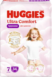 Подгузники-трусики для девочек HUGGIES Ultra Comfort 7, 17кг+, 34шт, крупный план
