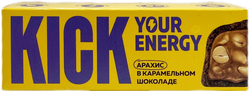 Батончик арахисовый KICK Your Energy, в карамельном шоколаде, без сахара, 45г, крупный план