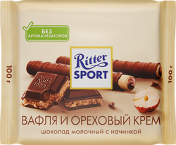 Шоколад молочный RITTER SPORT вафля и ореховый крем, 100г, крупный план