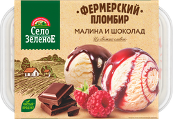 Мороженое СЕЛО ЗЕЛЁНОЕ Малина и шоколад, пломбир с шоколадным топингом и пломбир с малиной и малиновым топингом 15%, без змж, контейнер, 450г, изображение