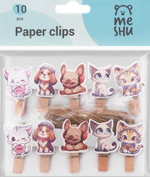 Зажимы для бумаг MESHU Cute pets, 7мм, деревянные, с веревкой, 10шт, фото