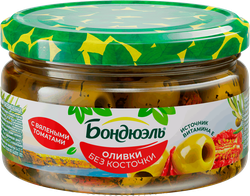 Оливки без косточки БОНДЮЭЛЬ с вялеными томатами, 200г, вид
