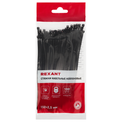 Стяжка кабельная REXANT 150x2,5мм, черная нейлоновая, Арт. 07-0151, 100шт, фотография