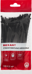 Стяжка кабельная REXANT 150x2,5мм, черная нейлоновая, Арт. 07-0151, 100шт, детальное фото