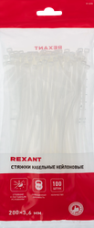 Стяжка кабельная REXANT 200x3,6мм, белая нейлоновая, Арт. 07-0200, 100шт, крупный план