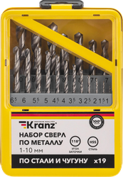 Набор сверл по металлу KRANZ 19 предметов 1–10мм, HSS, с цилиндрическим хвостовиком, Арт. KR-91-0630, картинка