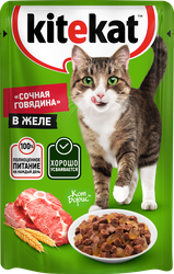 Корм консервированный для взрослых кошек KITEKAT Сочная говядина с 
говядиной в желе, 85г, фото