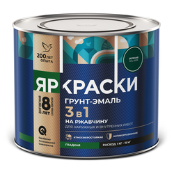 Грунт-эмаль ЯРКРАСКИ на ржавчину 3 в 1 гладкая зеленая RAL 6005, банка 2 кг, картинка