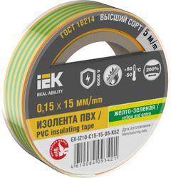 Изолента IEK 0,15х15 мм желто-зеленая 5 м, детальное фото