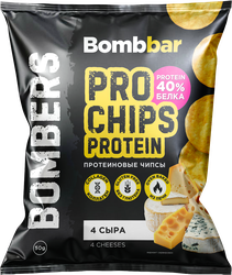 Чипсы цельнозерновые протеиновые BOMBBAR со вкусом четыре сыра, 50г, крупный план