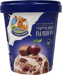 Мороженое КОРОВКА ИЗ КОРЕНОВКИ Чарующая вишня, пломбир шоколадный с вишней и крошкой шоколадного печенья 15%, без змж, пластиковый стакан, 300г, картинка