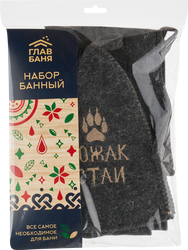 Набор для бани и сауны ГЛАВБАНЯ Вожак стаи, шапка с вышивкой, рукавица и коврик, Арт. Б16101Л, детальное фото