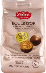 Конфеты шоколадные ZAINI Boule d'or из молочного шоколада с кремом соленая карамель, 125г, крупный план