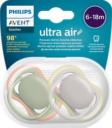 Пустышка PHILIPS AVENT Ultra Air, зеленая/серая без рисунка, с 6 до 18 месяцев, 2шт, крупный план