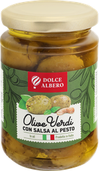 Оливки зеленые фаршированные DOLCE ALBERO с песто, 314мл, крупный план