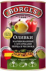 Оливки без косточки BORGES зеленые с кусочками перца и чеснока, 314мл, крупный план
