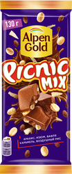 Шоколад молочный ALPEN GOLD Picnic mix с арахисом/изюмом/воздушным рисом/карамелью/вафельной крошкой, 130г, крупный план