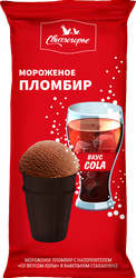 Мороженое СВИТЛОГОРЬЕ Пломбир с наполнителем со вкусом колы 13%, без змж, вафельный стаканчик, 95г, крупный план