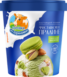 Мороженое КОРОВКА ИЗ КОРЕНОВКИ Фисташковое пралине, пломбир миндальный и фисташковый с кусочками печенья макарон 15%, без змж, пластиковый стакан, 300г, изображение